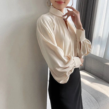 Women's Korean Fashion Hollow Ruffled Elegant Blouse Office Lady Stand Collar Business Casual Shirt Long Sleeve Solid Loose Tops