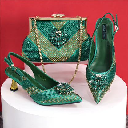 Newest Arrivals Special Design Silver Color African Women Shoes and Bag Set Pointed Toe Pumps for Wedding Party