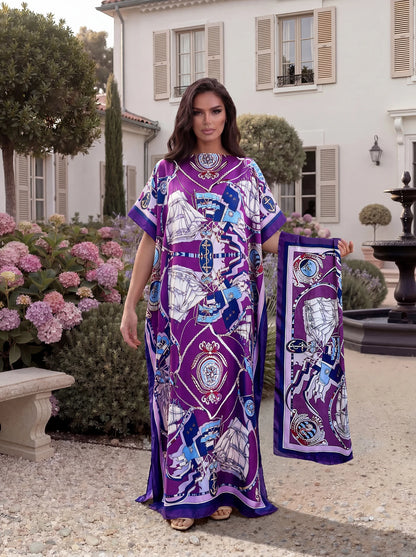 Nautical Sailboat Print Satin Abaya Scarf Set, Loose Batwing Maxi Kaftan For Muslim Women Summer Beach Daily Holiday Wear