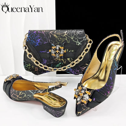 QueenaYan 2026 New Summer Collection Stylish Italian Women’s Shoes and Bag Set Gold Colour Comfortable Low Heels With Rhinestone