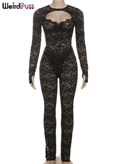 Weird Puss See Through 2 Piece Set Women Sexy  Hollow Jacquard Backless Bodysuit+Leggings Tight Activity Clubwear Skinny Outfits