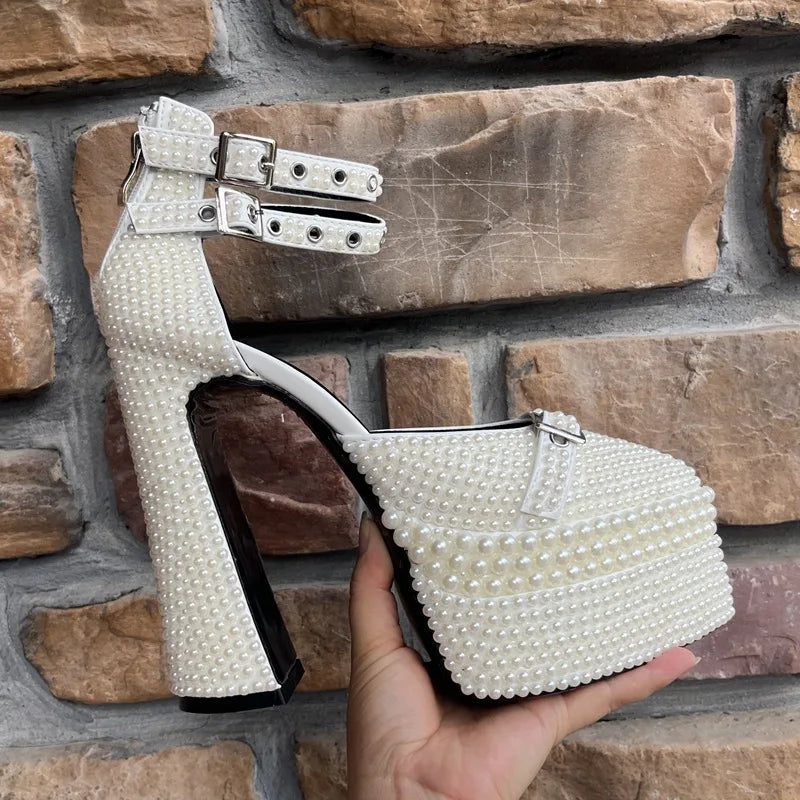 2026 Women's Shoes 14cm Thick Heel Pointed Sandals 35-41 High Heel Waterproof Platform Woman Shoes Wedding Dress Luxury Pearl