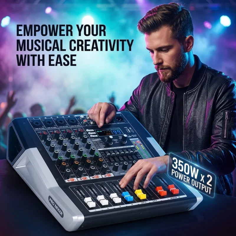 NXG 4-Channel 350W+350W Amplifier Mixer Set, Comes with 2 UHF Wireless Microphones, Perfect for Stage, Karaoke, and DJ Professional Audio Mixing Console. Black Friday/Halloween Promo Bundle