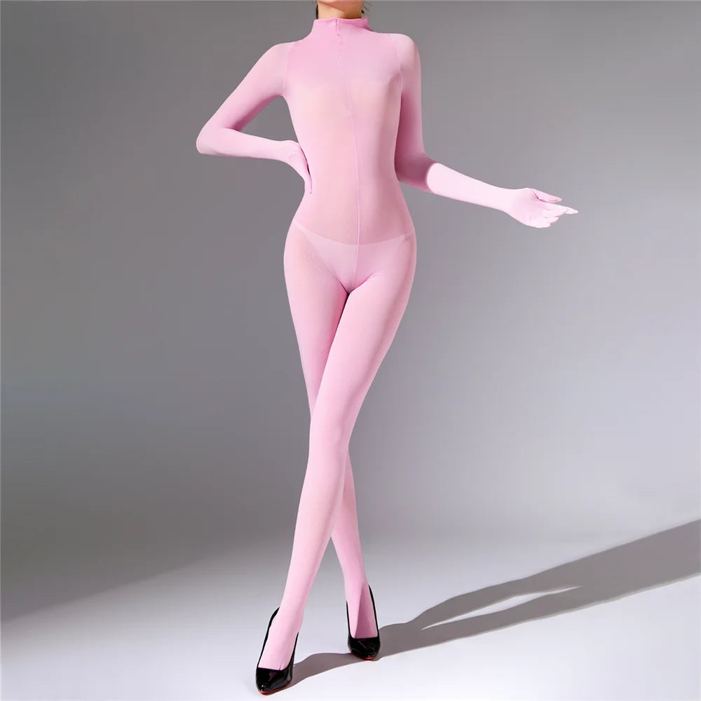Plus Size Sexy Women 120D Five Finger Glove Sleeve Bodysuit Seamless Tight Warm High Elastic Shaping Cosplay Unisex Fit Jumpsuit