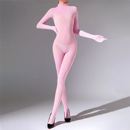 Plus Size Sexy Women 120D Five Finger Glove Sleeve Bodysuit Seamless Tight Warm High Elastic Shaping Cosplay Unisex Fit Jumpsuit