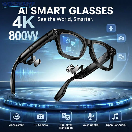 4K Smart AI Glasses 800W AI Translation 8MP HD Camera 4K Shooting Image Bluetooth Call Recording Music Smart Sunglasses