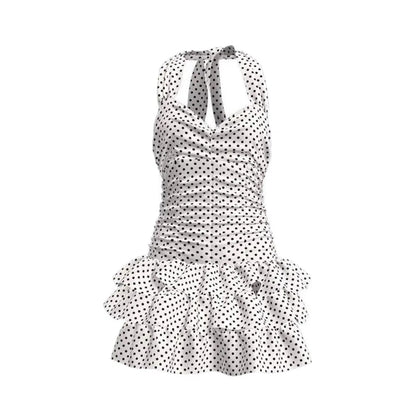 Ruffle Skirt Polka Dot One-Piece Swimsuit Backless Design Bandage Style Beach Dress Slimming Tummy Control Ruffled Hem