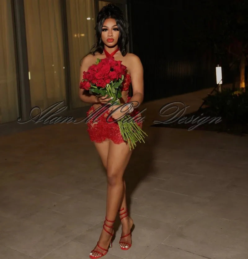 Sexy Red Birthday Dresses For Women Halter Applique Short Party Outfits Beading Mini Cocktail Gowns Vestidos De Gala Customized