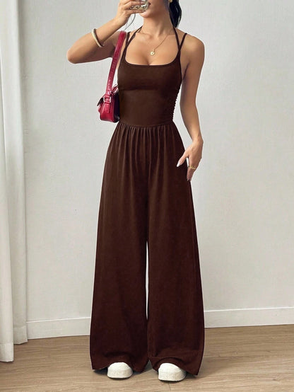 Women's Sleeveless Halter Jumpsuit - Ruched Waist, Wide Leg Pants, Soft Casual One-Piece Romper for Daily Wear