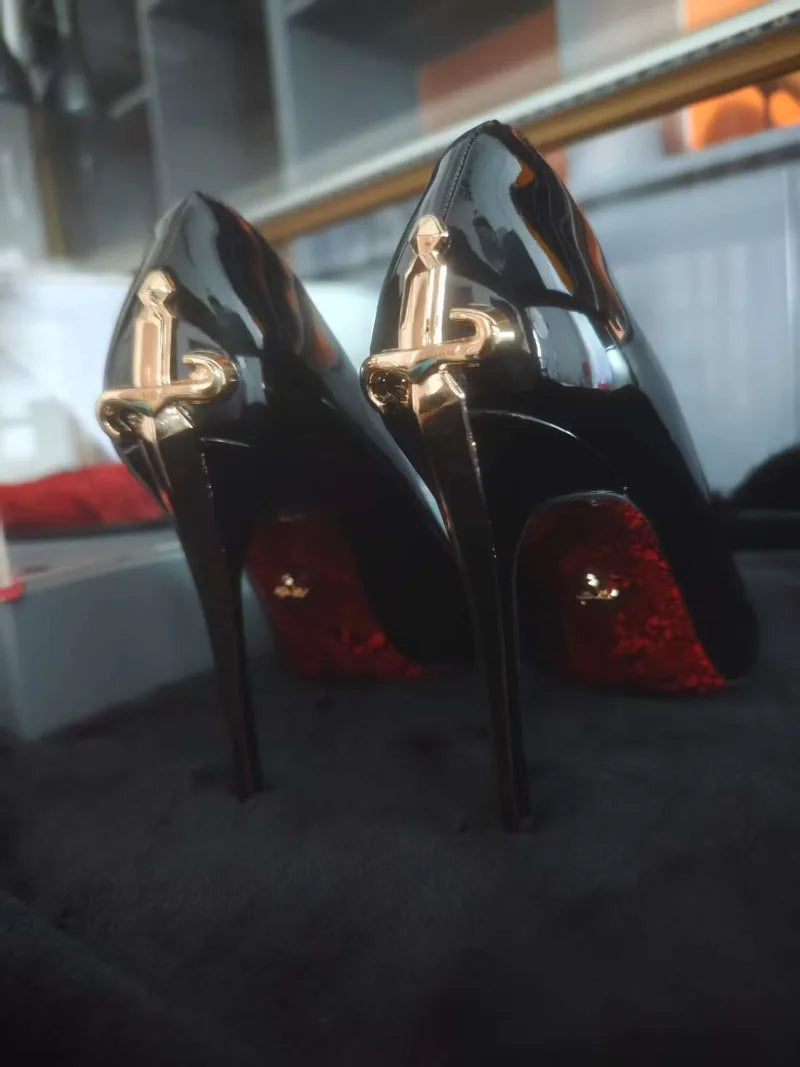 8CM-10CM Fashion Womens High Heel High Quality Metal Scepter Stiletto Pointed Leather Women Shoes Premium Single Shoes for Women