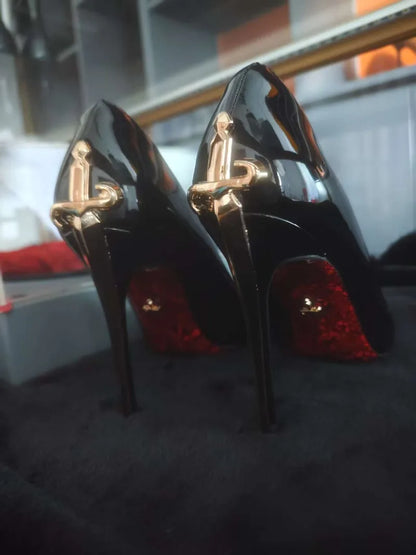 8CM-10CM Fashion Womens High Heel High Quality Metal Scepter Stiletto Pointed Leather Women Shoes Premium Single Shoes for Women