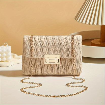 Woven Straw Handwoven Women's Shoulder Bag, Fashion Solid Color Crossbody Purse with Lock Closure