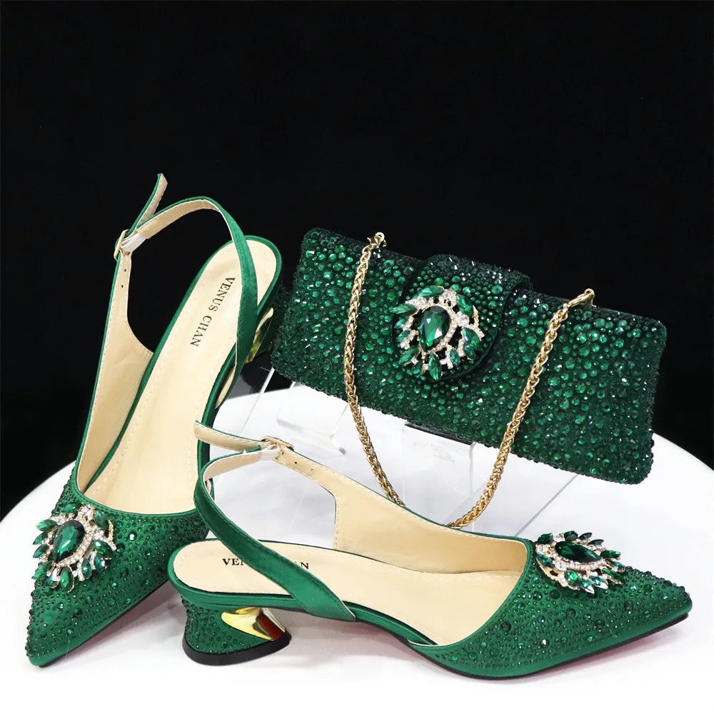 Purple 2024 Italian Design Girly Style Opend Toe Shoes And Bag Full Diamond Decoration with Appliques for Wedding Party