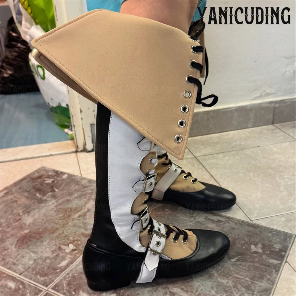 Lace up Buckle Boots Foldable Over-the-Knee Boots Elegant Style Round Toe Flat Boots Black Beige White Handmade Boots for Women