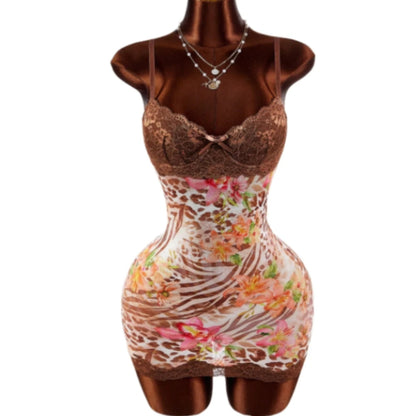 HLJ&GG Vintage Flowers Print Mesh Spaghetti Strap Bodycon One Piece Rompers Women V Neck Sleeveless Jumpsuits Fashion Overalls