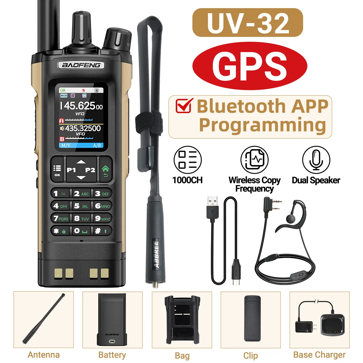 Baofeng UV-32 Walkie Talkie GPS 10W Wireless Bluetooth APP Programming Air Band Type-C NOAA for UV-5R Amateur Two Way Ham Radio