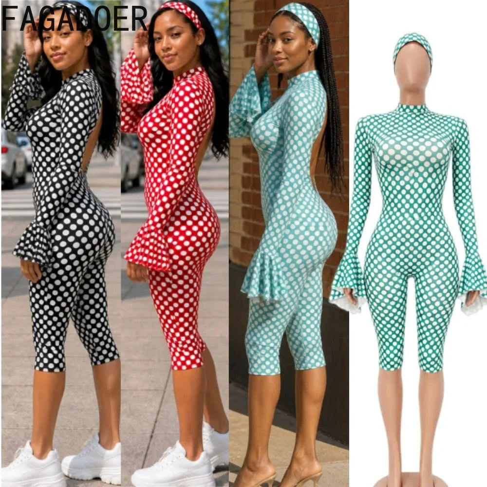 FAGADOER New Polka Dot Jumpsuits Women Autumn Long Flare Sleeve Rompers with Headscraft Back Hollow Out Sexy Bodycon Streetwear