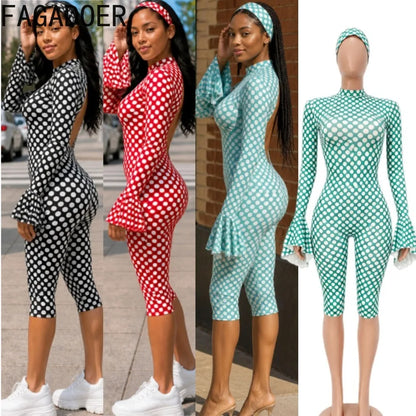FAGADOER New Polka Dot Jumpsuits Women Autumn Long Flare Sleeve Rompers with Headscraft Back Hollow Out Sexy Bodycon Streetwear
