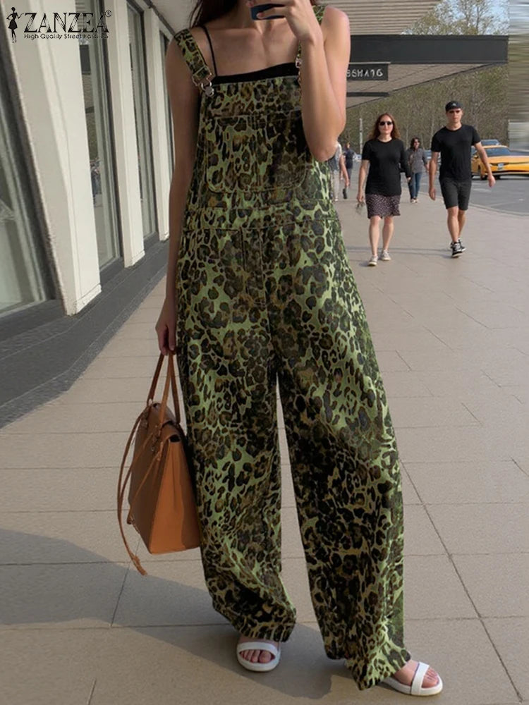 2025 ZANZEA Women Long Jumpsuits Leopard Print Summer Overalls Casual Pockets Fashion Wide Leg Pants Loose Streetwear Rompers