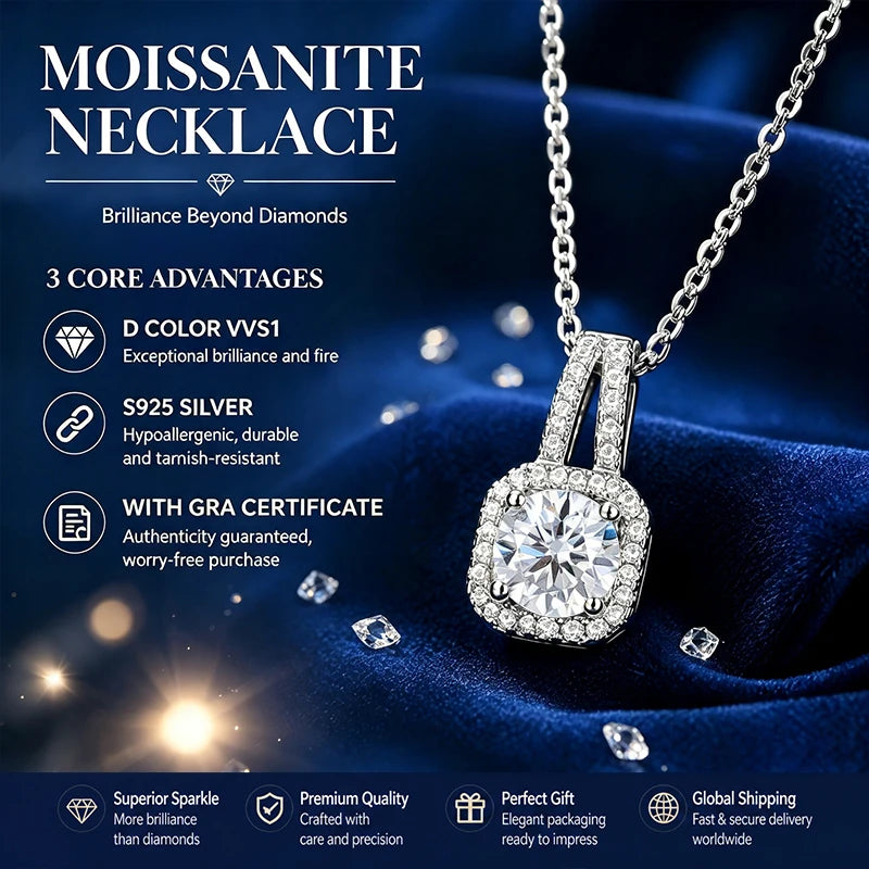 Women's Moissanite Pendant Necklace D Color VVS1 Halo Design S925 Silver Jewelry with GRA Certificate Wedding Birthday Gift