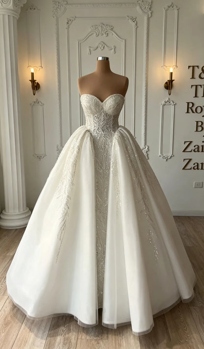 Luxurious Sparkling Sweetheart Feather Beaded Prom Dresses Satin Tulle A-line Wedding Dress Church Train Bride Dress Customized