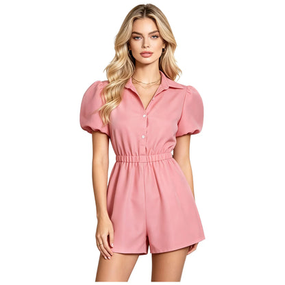 Fashion Women Short Puff Sleeve Romper Lapel Front Button Elastic Waist Shorts Jumpsuit for Office Vacation Casual Clothing