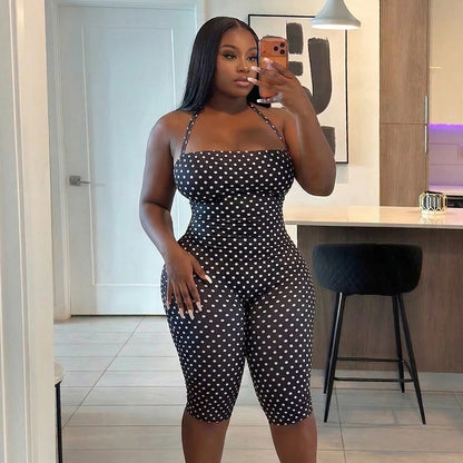 Fashionable polka dot sleeveless hanging neck slim fit jumpsuit, seven part jumpsuit