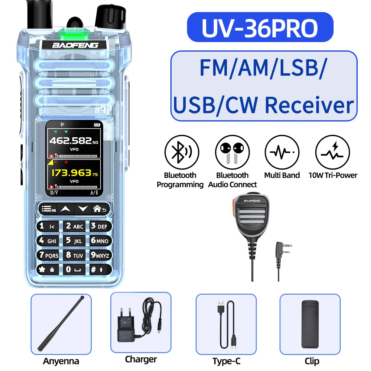 BAOFENG UV‑36 PRO Walkie Talkie 10W High Power Dual Mode Bluetooth Programming Shortwave Receive Two Way Radio FM Handheld Radio
