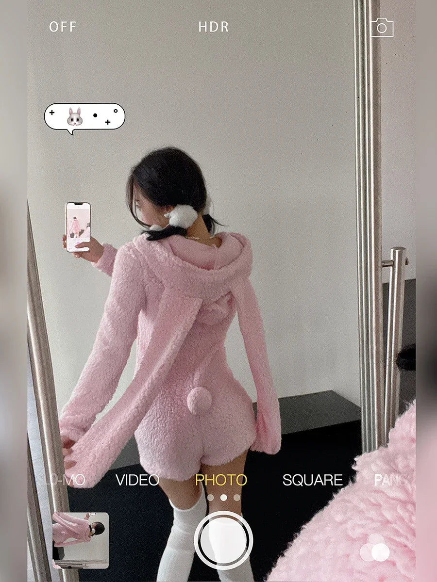 Pink Rabbit Hooded Fluffy Jumpsuits Sweet Zipper Long Sleeve Solid Color Rompers Flannel Onesie Shorts Pajamas Loungewear
