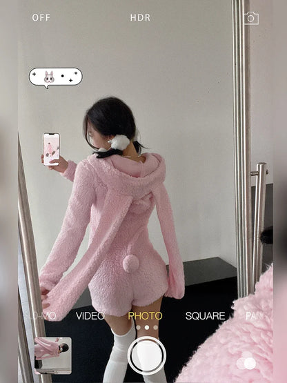 Pink Rabbit Hooded Fluffy Jumpsuits Sweet Zipper Long Sleeve Solid Color Rompers Flannel Onesie Shorts Pajamas Loungewear