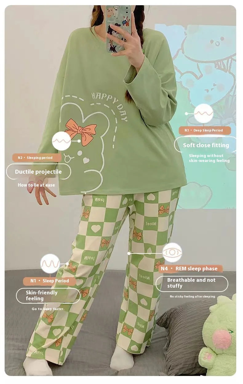 Spring and Autumn New Women's Pajamas Homewear Suit Girls Thin Section Long-Sleeved Students Big Yards Cartoon Loose Pajamas