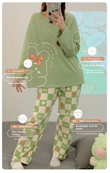 Spring and Autumn New Women's Pajamas Homewear Suit Girls Thin Section Long-Sleeved Students Big Yards Cartoon Loose Pajamas