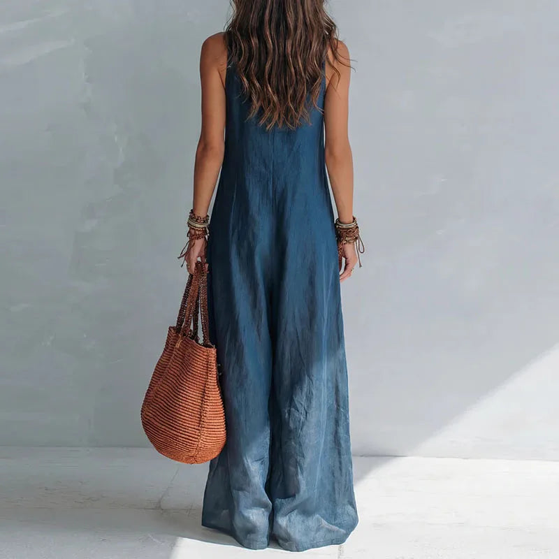 Vintage Sleeveless Overall Jumpsuits Women Deep V Neck Relaxed Pockets Flowy Wide Leg Pants Boho Holiday Vacation One Piece Sets