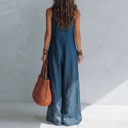 Vintage Sleeveless Overall Jumpsuits Women Deep V Neck Relaxed Pockets Flowy Wide Leg Pants Boho Holiday Vacation One Piece Sets