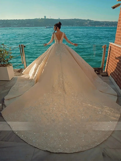 Customized Satin Square Collar Ball Gown Wedding Dresses Full Sleeves Beading  Appliques Long Bride Robe Vestido De Noiva