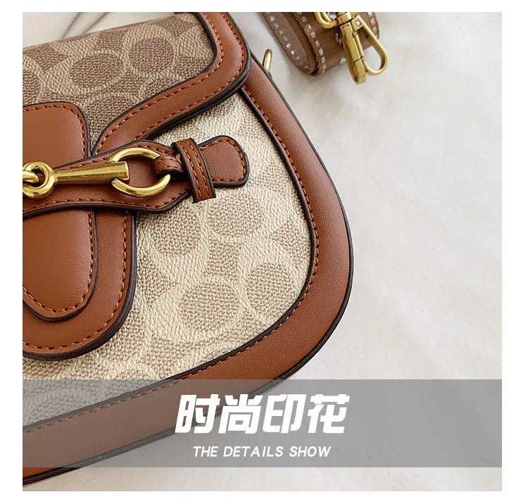 Women Retro Print Saddle Crossbody Bag Luxury Horse Bit Buckle Small Shoulder Bag Fashion PU Leather Ladies Daily Handbag