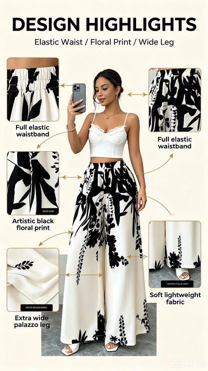 Women Black Ink Floral Print Wide Leg Pants Elastic High Waist Silky Satin Palazzo Trousers Summer Vacation Casual Loose Long Pants Beach Bottoms Vestidos