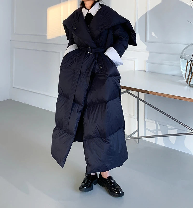 High end Ultra long White goose down Jacket For women Winter 2025 New Fashion Down Coat Female Thicken Parka Overcoat with belt
