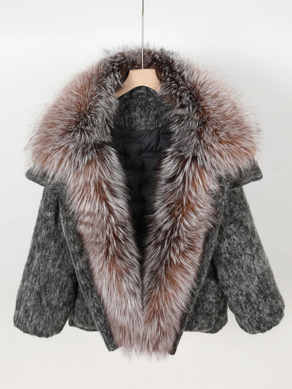 Maomaokong high-end Wool fabric Luxury Women's Big Fox Fur Collar Puffer Jacket Natural Fur down Coat Winter Thickened Warm