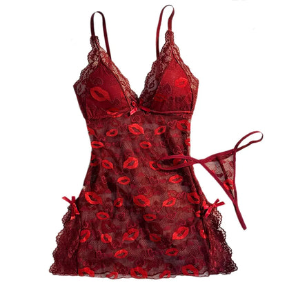Hot Sexy Women Lace Nightgown Set See Through Pajamas Dress Sexy Deep V Home Valentine's Day Gift Sleeping Skirt Dress