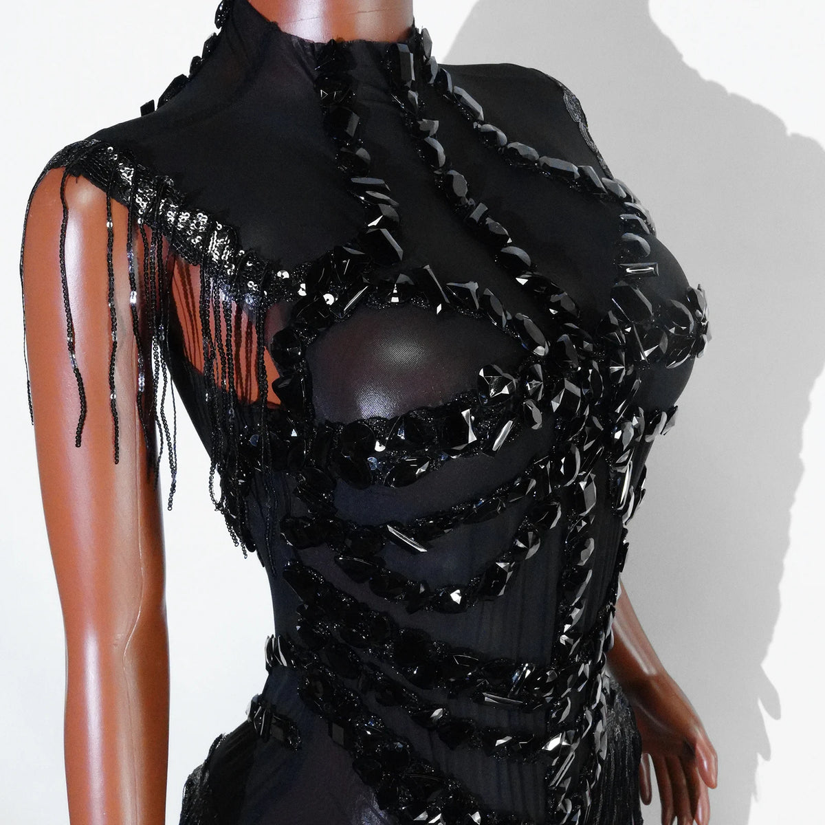 Sexy Mesh Sheer Black Rhinestone Tassel Bodysuit Women Singer Dancer Stage Show Outfit Nightclub Leotard Party Performance Wear