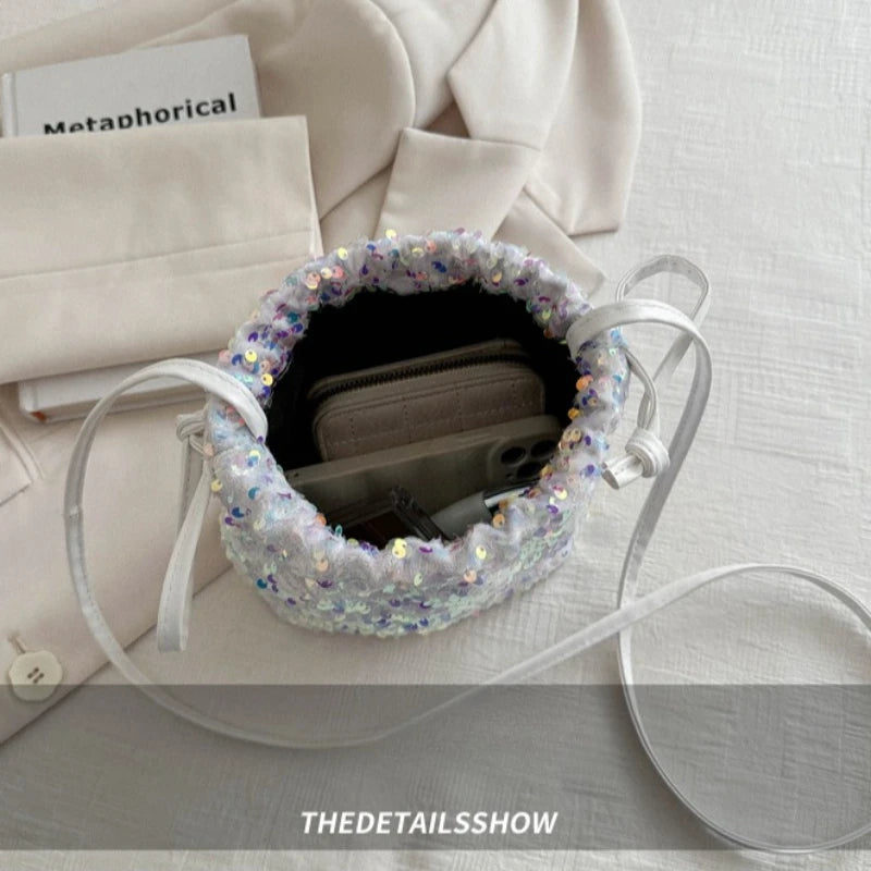Shiny Sequin Drawstring Shoulder Bags for Women, Mini Crossbody Purse ,Sparkly Evening Handbag Suitable for Party Night Out