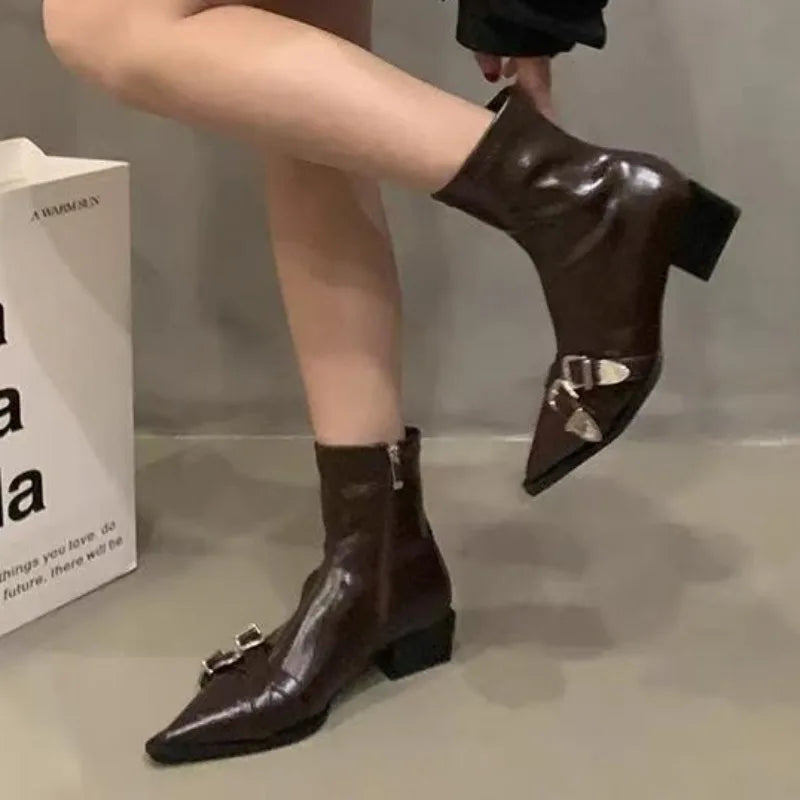 2026 Fashion Buckle Decor Side Zipper Casual Women's Ankle Boots New Solid Pointed Toe Mid Heel Comfort Outdoor Boots for Women