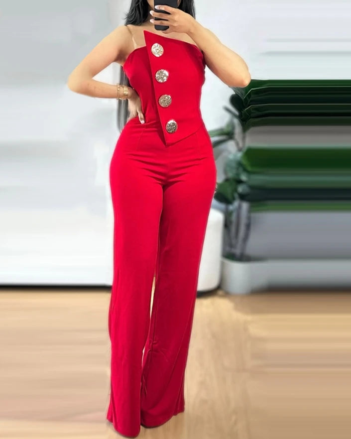 Jumpsuit Women Spring Fashion Rhinestone Fishnet Patch Sexy Plain Asymmetrical Neck Long Sleeve Skinny Daily Flared Leg Jumpsuit