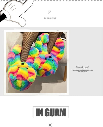 Cute Teddy Bear Plush Winter Slippers, Wrapped Heel Funny Indoor Floor Shoes, Women Gift, Warm Soft Cartoon Fluffy Animal Slippe