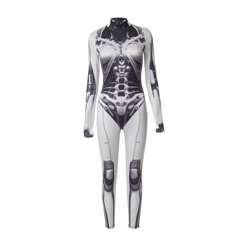 Fashion Mechanical Style Print Jumpsuits For Women One-Piece Semi-High Neckline With Long Sleeves Jumpsuit Women Y2k Jumpsuit