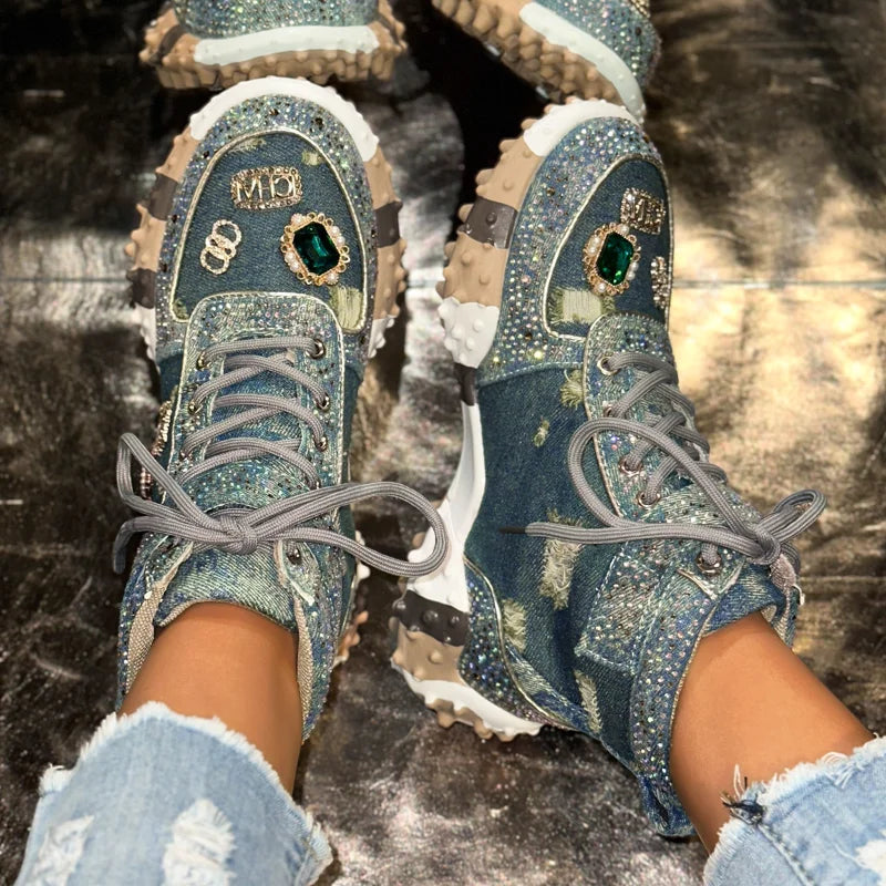 Women Rhinestone Casual Luxury Sneakers Diamond High-Top Designer Boots Thick Bottom Shoes Female Tennis Outdoors Walking Shoes