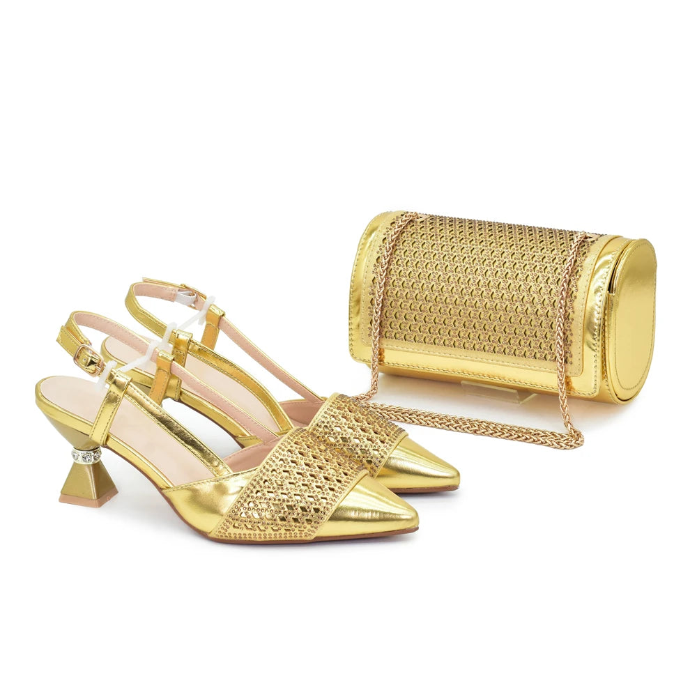 Shoe and Bags for Women Nigeria Party Women Nigerian Italian Shoes and Bags Set with Rhinestone Elegant Woman Heeled Pumps