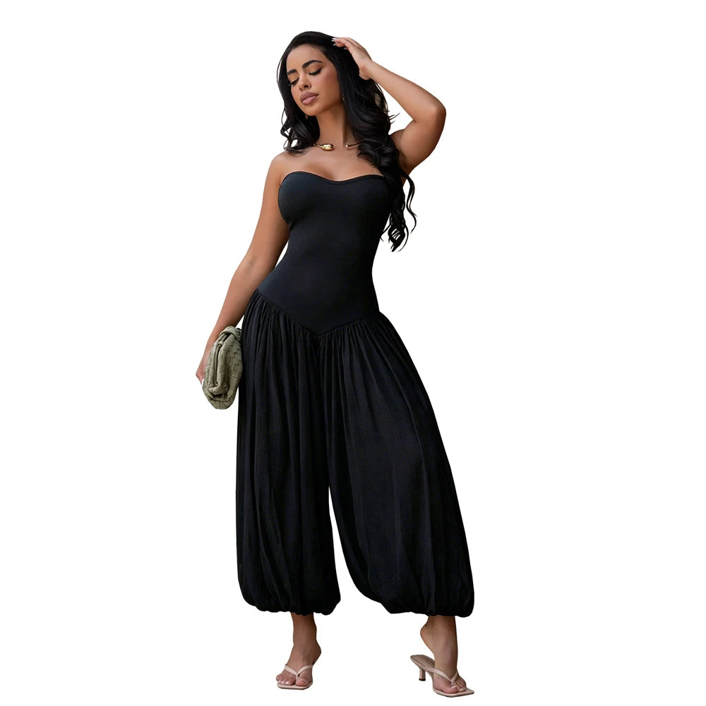 Summer Patchwork Cute and Sweet Pink Strapless Jumpsuits Midi Pants One Piece Rompers Slim Fit Women Ruched Party Jumpsuit