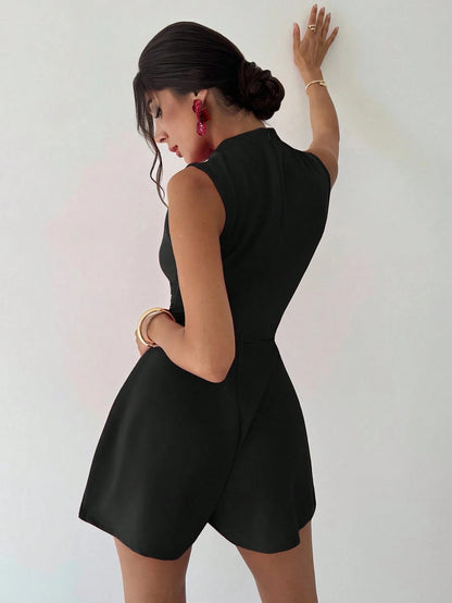 Women's Black Sleeveless Mock Neck Jumpsuit, Waist-Tie Slimming Wide Leg Shorts, Elegant Socialite Style Romper